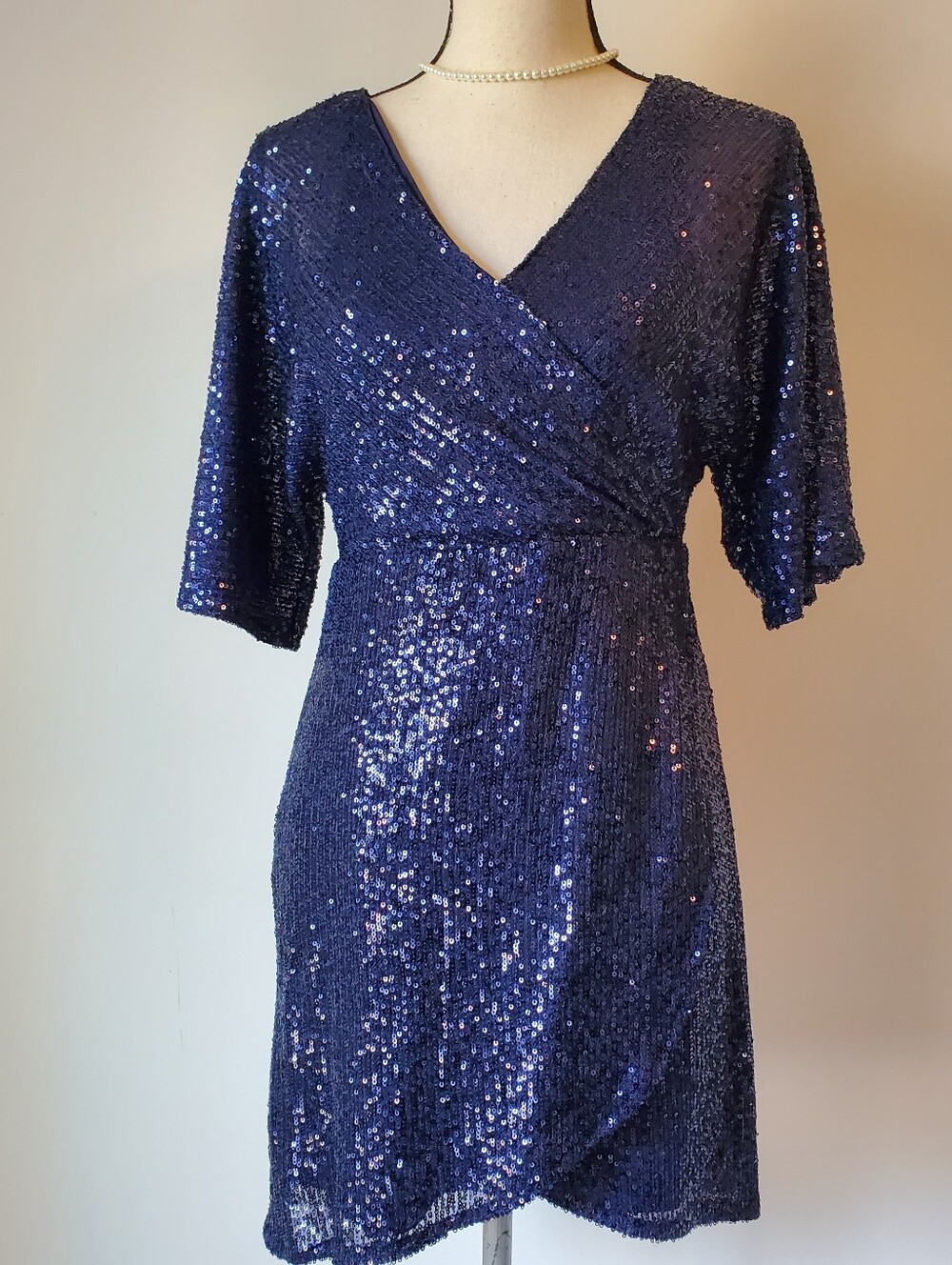 Lulus Navy Sequin Faux Wrap V-neck Cocktail Mini Dress Size M